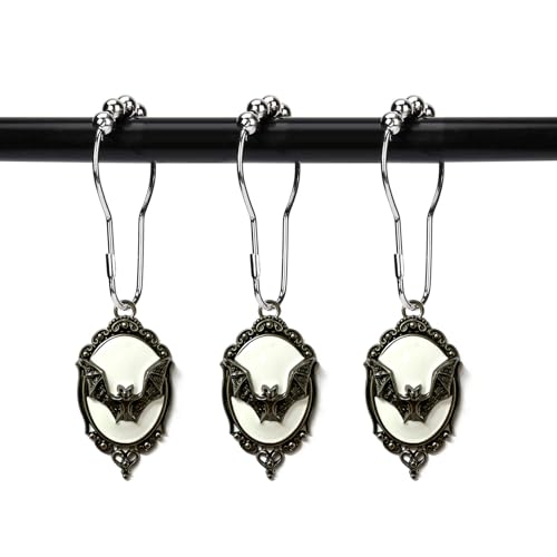 ZILucky Set of 12 Bats Shower Curtain Hooks Rings Gothic Vampire Bat Halloween Party Supplies Haunted House Decoration (White-Background)