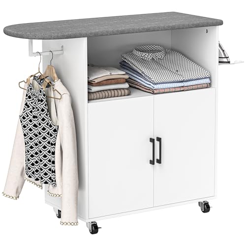 HOMCOM Armoire à repasser sur roulettes - Planche à repasser avec support de suspension - Tablette ouverte et planche à repasser - 125 x 43,5 x 102,5 cm - Blanc