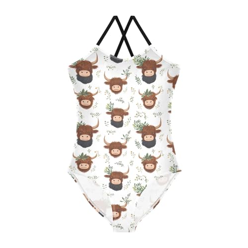 senya Girls Swimsuits One-Piece Swimwear Tie Bathing Suit Beach Summer Round Neck 7-8T Cartoon Highland Cattle Leaves Pattern