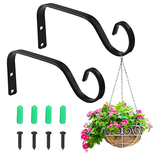 Jetisva 2pcs 7.3 Inch Wall Hanging Basket Bracket Outdoor Black Bird Feeder Bracket Heavy Duty Iron Fence Hooks Metal Plant Hanger Holder Indoor for Garden Flower Plant Pots Lantern Wind Chime