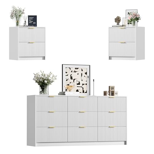 Image of Furniway 3 Piece Bedroom Set, 9 Drawer Dresser and Nightstand Set of 2 with Gold Handles, Modern Wood Chest of Drawers Storage Cabinet for Bedroom, White