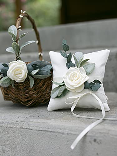 Willow Flower Girl Basket & Ring Pillow Set - Rustic Flower Girl Basket And Ring Cushion - Wedding Basket W/Greenery Decor - Flower Girl Basket Set By Ragga Wedding #TOP2