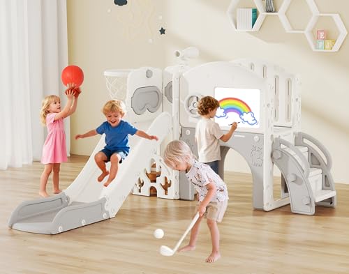GITAWUSA 10 in 1 Toddler Slide Playset Indoor & Outdoor Playground for Kids Aged 1-3, Complete with Golf Set, Basketball Hoop, Climbing Frame, Drawing Board and Steering Wheel, Gray & White