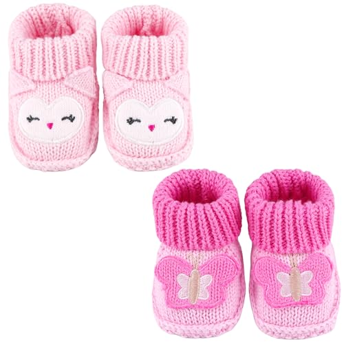 LACOFIA 2 Pairs Newborn Knitted Booties Soft Baby Boys Girls Bootees 0-3 Months Pink Butterfly+Pink Owl