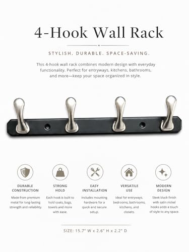 Image of ELUVIA Zinc Alloy 4 Pin Wall Hooks for Hanging Cloth and Towel Hangers for Wall Hook,Hook Rail Home Bathroom Kitchen & Bedroom (Pack of 2,Silver Black,4 Hook)