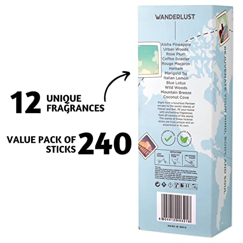 Folkulture Incense Sticks Gift Set - Pack Of 12 Insenses (240 Sticks) - Green Tea, Orange Blossom, Lemon Verbena, White Woods & Oudh, Hamam And More - Organic & Slow Burning Inscent (Wanderlust) #TOP1