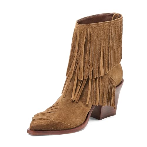 Fringed Ankle Boots Pointed Toe Suede Tassel Short Boots Chunky Heeled Booties for Women