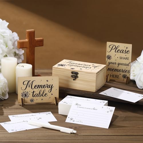 Image of Gilprop 112 Pcs Celebration of Life Memory Cards Set Share a Memory Cards with Box 2 Wood Sign with 4 Hold and 5 Pens, Sympathy Memorial Gifts Funeral Keepsake Decorations (Dandelion)