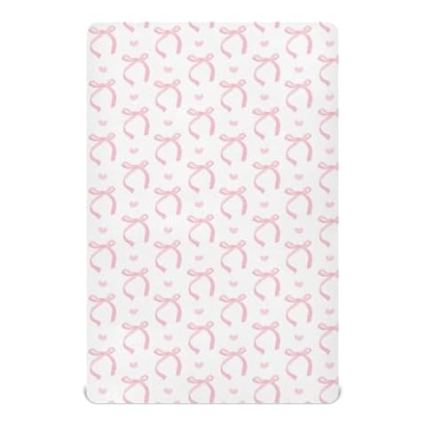 Aslsiy Cute Coquette Pink Bow Fitted Crib Sheet for Baby White Nursery Mattress Sheets Playard Sheet Stretchy Mini Crib 52x28in Cover