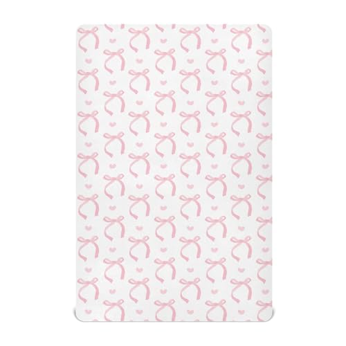 Image of Aslsiy Cute Coquette Pink Bow Fitted Crib Sheet for Baby White Nursery Mattress Sheets Playard Sheet Stretchy Mini Crib 52x28in