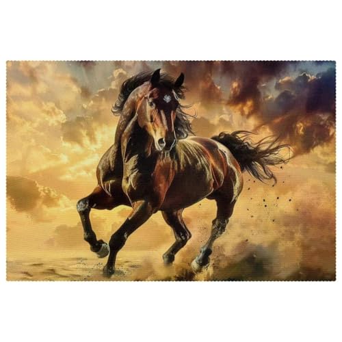 Lot de 1 set de table motif cheval dans le désert pour table de salle à manger, napperon lavable et antidérapant pour Noël, vacances, fête d'anniversaire