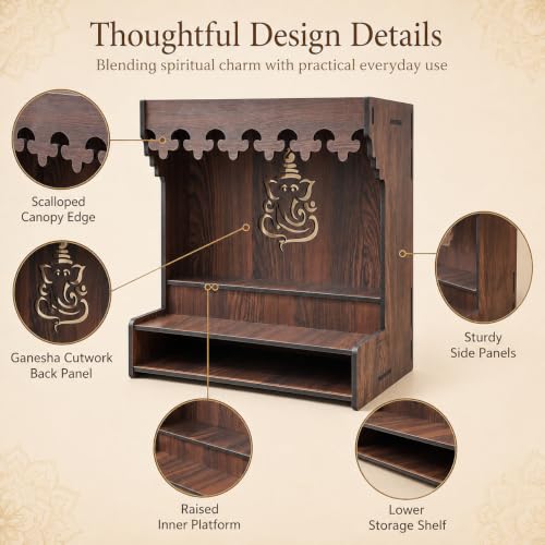 Image of The Castle Decor Wooden Mandir for Home, Wall Hanging & Tabletop Pooja Temple with Ganesha Cutwork, 2-Tier Storage Shelf, MDF Mandir for Pooja Room, Office, Hostel & Apartment, 13 x 15 x 8 Inch