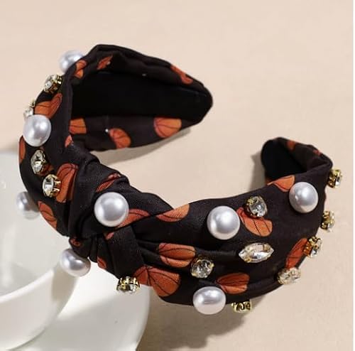 CIEHER Basketball Knotted Headband, Pearl Rhinestone Embellished Wide Turban Hair Band, Sports Game Day Basketball Pattern Hair Accessories for Women Girls Match Outfit