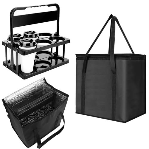 LEIFEOSH Reusable 6 Cup Drink Carrier with Handle and Insulated Bag for Hot and Cold Drink/Food, Foldable Plastic Cup Holder and Large Capacity Insulated Food Bag for Travel and Delivery, Black by LEIFEOSH - Used condition - US$22.06