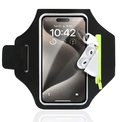 Running Armband Phone Holder, Running Phone Holder with Foldable Elastic Strap Arm Phone Holder for Running with Airpods Zipper Pocket 6.7'' Armband Accessories for iPhone 16 15 14 13 Galaxy
