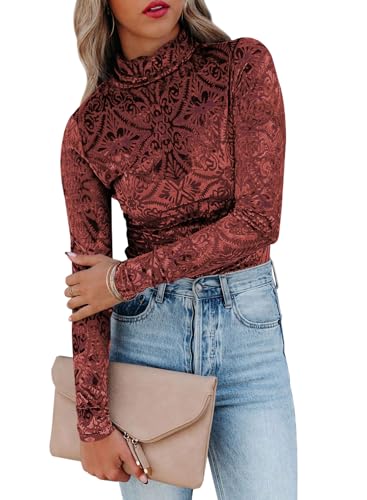 miduo Womens Slim Fit Velvet Burnout Top Cowl Neck Long Sleeve See Through Shirt Blouses Tops