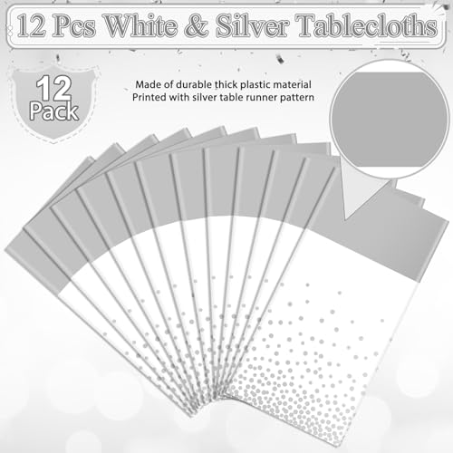 Image of MASHAN 12Pcs White Silver Tablecloth Party Decorations,Plastic White Table Cloth Printed Silver Runner Disposable Rectangle Table Cover for Birthday Wedding Anniversary Graduation Party,54 x108 Inch