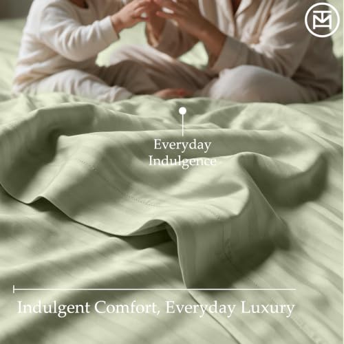 Image of Threadmill 600TC Cotton Full Sheet Set, Sateen, Damask Stripe, Sage Green