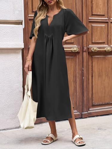 Image of Wenrine Womens Casual Maxi Dress Short Sleeve Loose Flowy Summer Dresses | flutter sleeve, v neck, loose fit, slit, long summer dress, beach, vacation