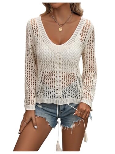 Women's Y2k Hollow Out Crochet Sweater Lace Up V Neck Long Sleeve Pullover Knit Tops Drawstring Summer Cover Ups