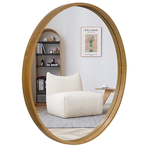Aixi Home Bamboo Round Wall Mirror, 24 Inch Wall Mounted Circlel Mirror With Bamboo Frame Large Circle Wall Decoration For Bathroom Vanity Living Room Bedroom Entryway Decor, Brown #TOP30
