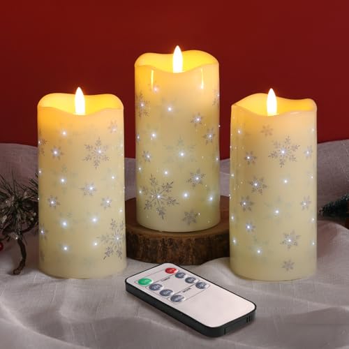 Eywamage Christmas Flameless Pillar Candles with Remote, Snowflakes Fiber Optic