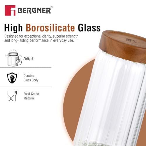 Image of Bergner Acadia Borosiliate Glass Jar (1250ml), Stripe Design, Multipurpose Transparent Jar, Airtight Lid, Food Storage Container for Kitchen, For Storing Sugar, Flour, Tea, Coffee, Spices, Cereals etc