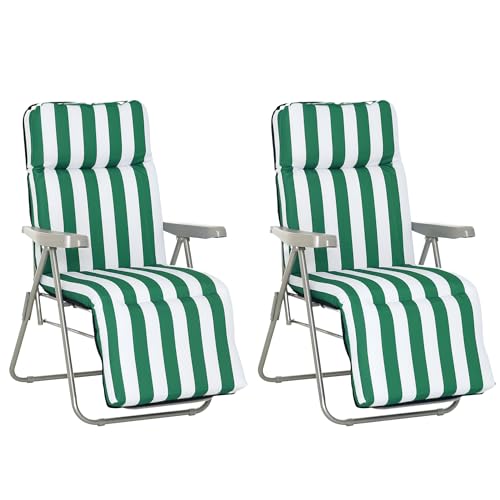 Outsunny 2 Tumbonas Plegables de Jardín Sillas de Gravedad Cero de Acero con Cojín Acolchado Respaldo Ajustable en 5 Posiciones y Reposapiés 60x75x50-102 cm Rayas Verde