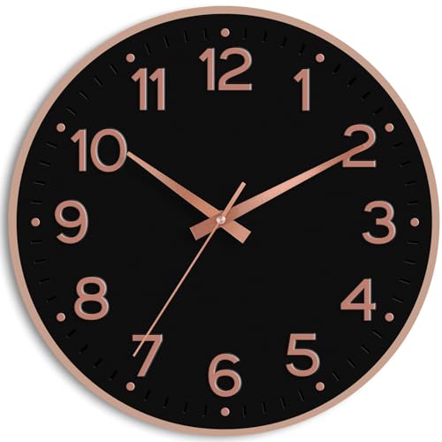 Image of Roymnie Wall Clock 12 Inch Silent Wall Clocks Battery Operated-Modern Non Ticking Analog Clock Decorative for Kitchen Bedroom Office (Black Rose Gold)