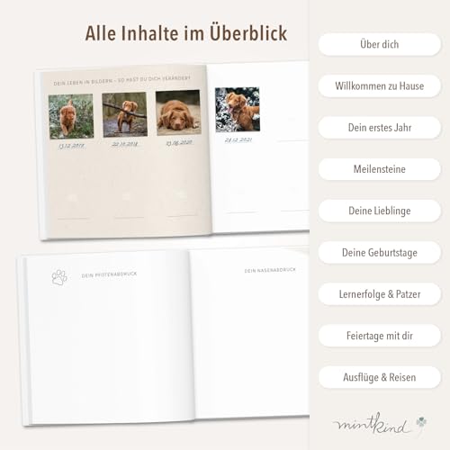 mintkind® Erinnerungsbuch Hund Tagebuch Vier Pfoten & ein ganzes Leben mit Platz für Fotos Geschichten Reisen Geburtstage Lernerfolge Geschenk Hundebesitzer Leinen Einband 96 Seiten