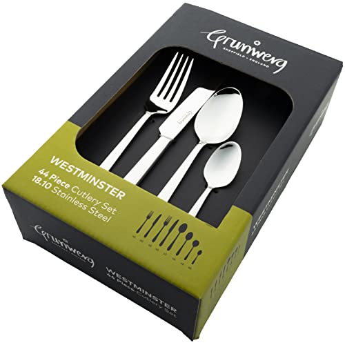 Grunwerg Westminster 44-Piece Boxed Mirror Cutlery Set 44BXWMS, 18/10 Stainless Steel, Silber