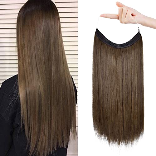REECHO Invisible Wire Hair Extensions with Transparent Headband Adjustable Size Removable Secure Clips in Straight Secret Hairpiece for Women (24 Inch (Pack of 1), Ginger Brown)