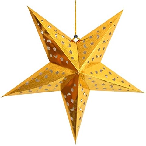 Hanging Star 3D Paper Star: 2 Pack Diameter 50cm DIY Folded Lantern Cutouts Pentagram Lampshade with Hanging Rope for Christmas Xmas Halloween Wedding Birthday Party Home Decorations,Gold Cover