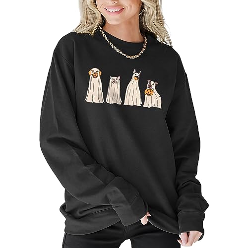 Izyjoy Halloween Ghost Dog Sweatshirt Women Dog Lover Sweaters Gift Casual Long Sleeve Pullover Tops Fall Holiday Clothes cover