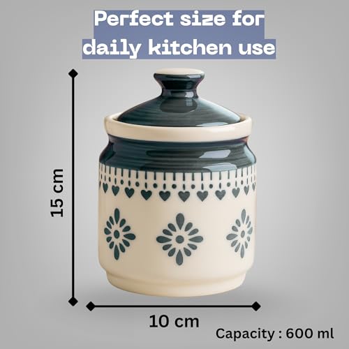 Image of Classyo Ceramic Storage Containers - 600 ml, Salt Container, Pickle Jar with lid, Ceramic Jars for Kitchen Storage for Achar and Namak (Gray Floral, Set of 2)