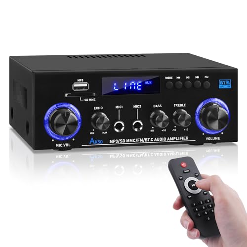 AK50 Amplifier Home Audio, 400W Home 2 Channel Bluetooth 5.0 Power Receivers Amp Subwoofer Output,Mini Speaker FM Radio,USB/SD Card/Aux/Mic in with Echo,Remote Control for Home Theater Stereo System