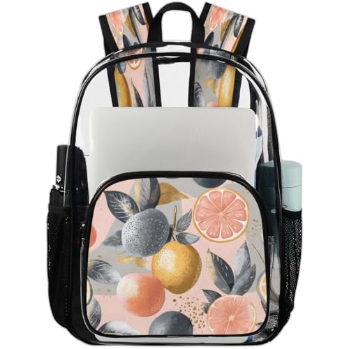 Colorful Lemon Clear Backpack for Stadium Events, Watercolor Fruit Waterproof Clear Bag for Women Men Adult Sport Work Daily Music Festival and Concerts
