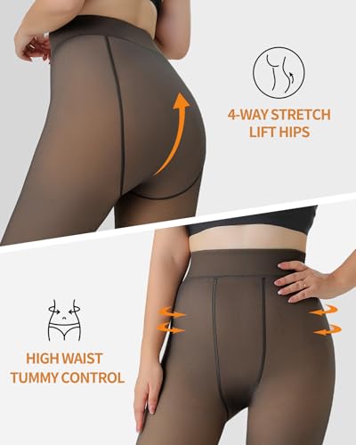 Ibeauti Womens Fleece Lined Tights Sheer Warm Fake Translucent Thermal Pantyhose Stretchy Thick Fleece Tights Control Top2