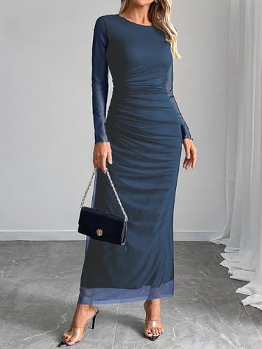 Image of Women's Tie Dye Long Sleeve Maxi Dress Mesh Bodycon Ruched Night Out Formal Cocktail Long Dress for Wedding Guest Party