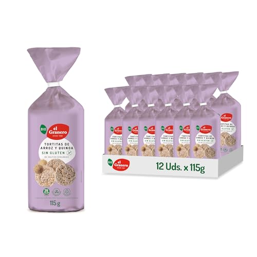 El Granero Integral - Pack de 12 Unidades de 120 g de Tortitas Ecológicas de Arroz Integral y Quinoa - Sin Azúcar Añadido y Sin Gluten - Aptas para Veganos - Alto Contenido en Proteínas
