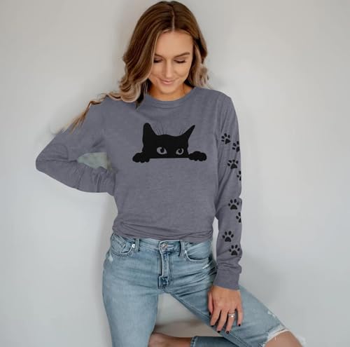 Image of JINTING Cat Shirts for Women - Loose Fit Lightweight Long Sleeve Graphic Autumn Outfits Printed Blouse Casual Tops