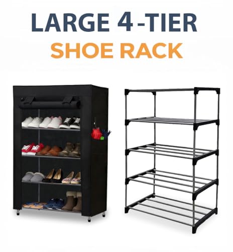 Image of 4 Tier Covered Shoe Rack for Home | Metal Shoe Storage Organizer with Dustproof Cover | Multi Layer Footwear Stand for Closet, Entryway, Bedroom & Office | Black
