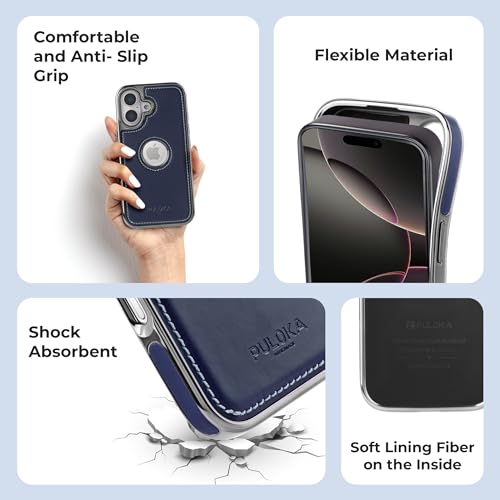 Image of PULOKA Chrome Leather Back Case - Compatible with iPhone 16 - Luxury Bumper Case - Flexible Vegan Leather - Electroplated Sides & Logocut - Full Camera Protetection & Raised Edges - Blue