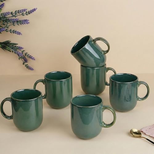 Image of The Earth Store Green Cylus Coffee Mug - 320ML Ceramic Coffee Mugs Set of 6 | Microwave & Dishwasher Safe Mugs for Gift | Home | Office | Restaurant | Daily Use Tea Mug