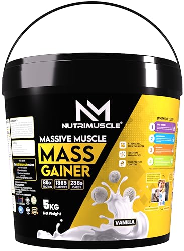 Image of Nutrimuscle Massive Muscle Mass Gainer Supplement Powder - 5kg | Vanilla Flavour | With Creatine, Complex Carbs & Protein | For Muscle, Mass & Strength Gain | Men & Women