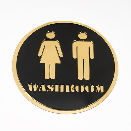 Image of Washroom Round Acrylic Signage Sticker - Self-Adhesive Toilet Sign for Office, Storefront, Cafe, Hotel, Restaurant, Business & Shop - Premium Black Gold Label for Smooth Surfaces