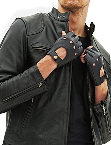 YISEVEN Men's Motorcycle Driving Fingerless Leather Gloves Unlined Classic Soft Sheepskin 1/2 Half Finger Button Punk Cycling Fitness Texting Warm Dress Winter Gift, Bright Black 9.5