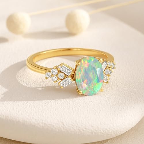 Designer Ring with Central Oval-Cut Natural Black Opal Gemstone and Baguette and Round Cut Side Stone for Women in 14K Yellow Gold Plated | Wedding, Anniversary, Promise Rings for Her4