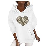 Masrin Mask Frauen Hoodie Sweatshirt Damen O-Ausschnitt Pailletten Print Pullover Mode Plus Samt Langarm Top Bluse Mit Tasche(XXL,Weiss)