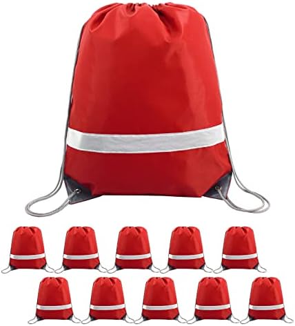 BeeGreen Red Drawstring Backpack 10 Pieces Wholesale, String Backpack for Party Gym Sport Trip, Reflective Strips Cinch Sack with String, DIY Drawstring Bags for Women and Men